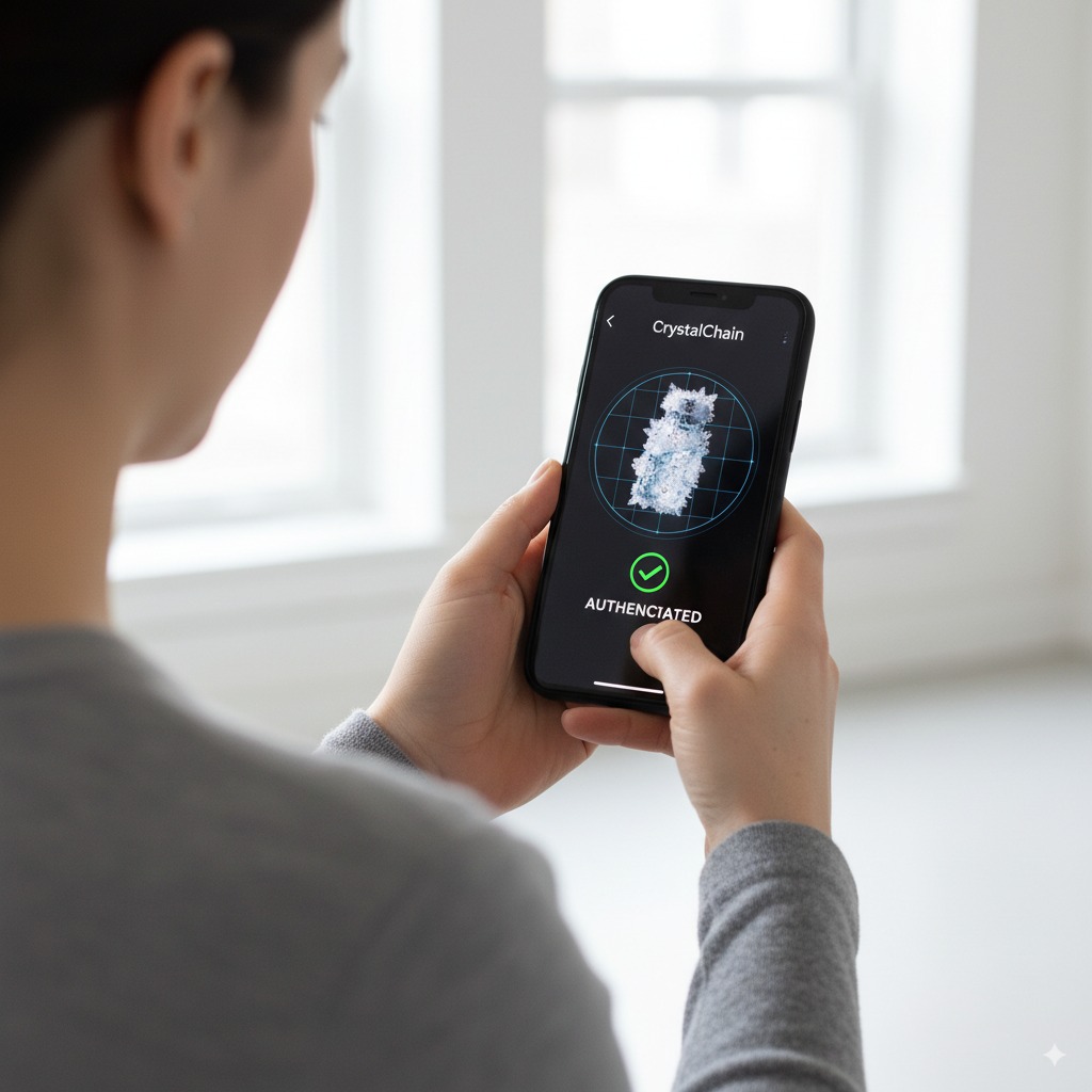 Person using smartphone to scan and verify crystal-encased vial